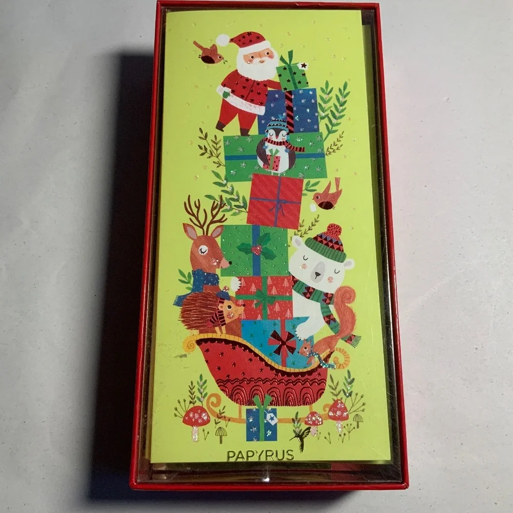 Papyrus 16 Christmas note cards New in box Santa sled presents